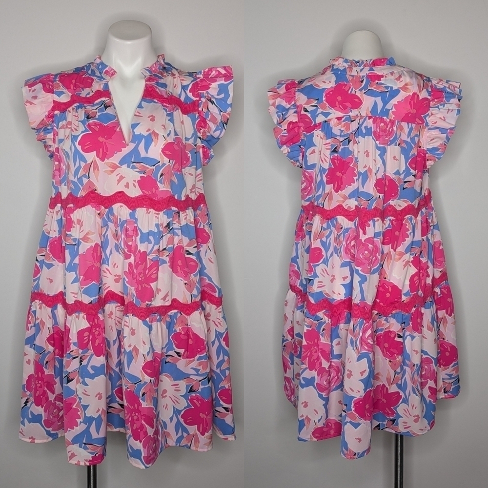 Umgee Pink Blue Floral Tiered Ruffle Dress